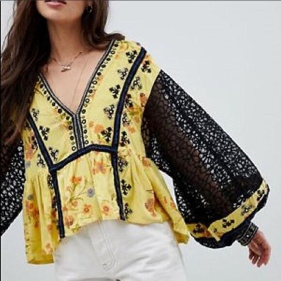 Free People Boho Yellow Embroidered Top - Picture 2 of 11